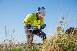 Engineer examining dirt sample